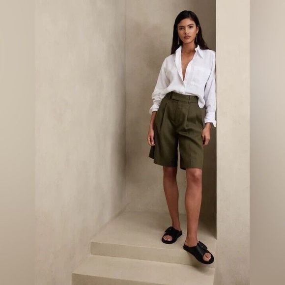 Linen Steilmann Olive Dress Shorts Bermuda Long Thigh Length Pockets Cargo - Picture 1 of 8